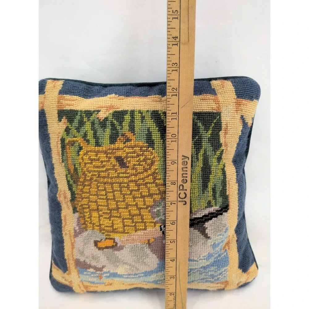 VTG Fly Fishing Fish Pillow Needlepoint Creel Outdoor Cottage Lakehouse Wool
